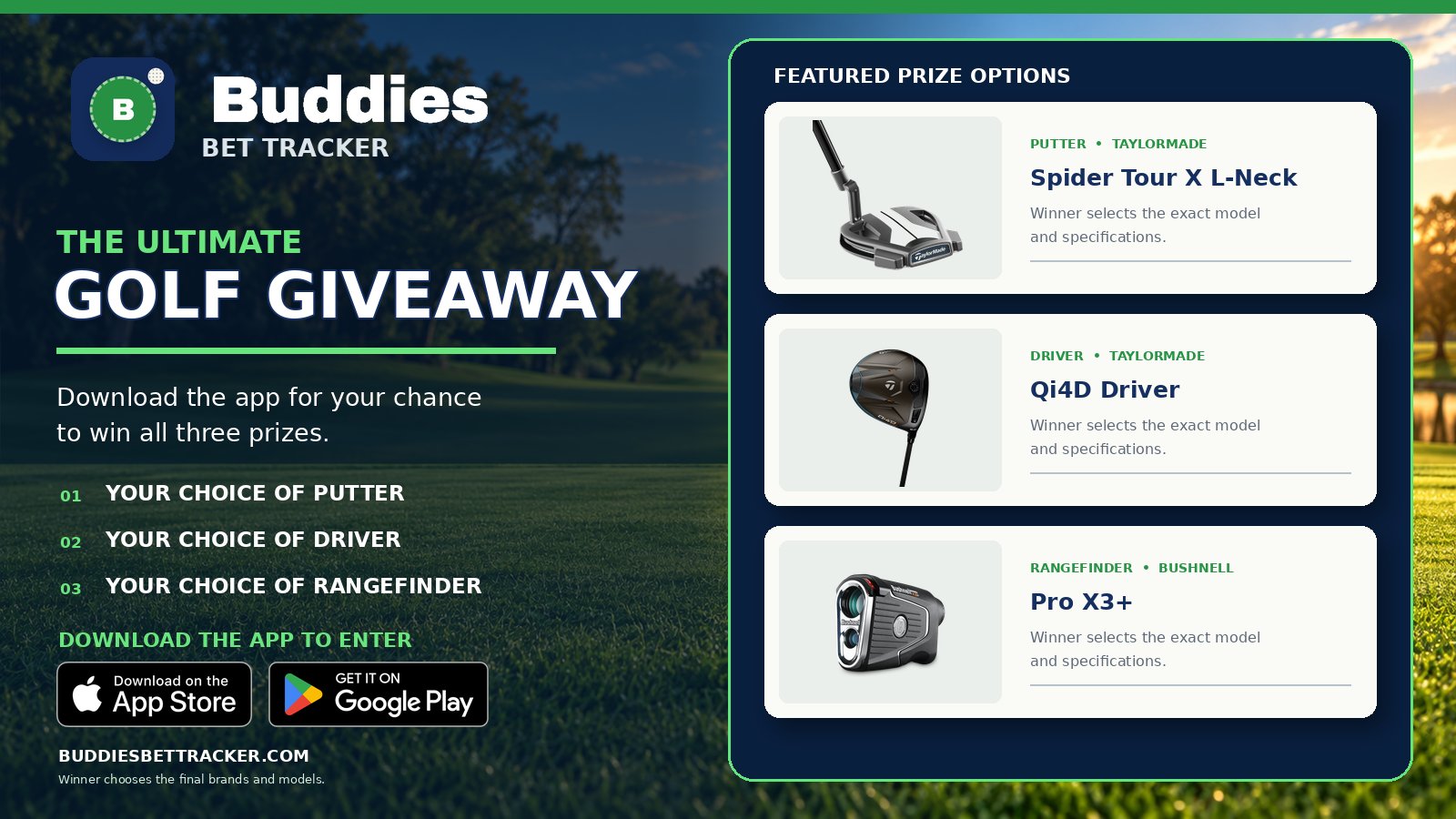 The Ultimate Golf Giveaway — download Buddies Bet Tracker for a chance to win your choice of putter, driver, and rangefinder