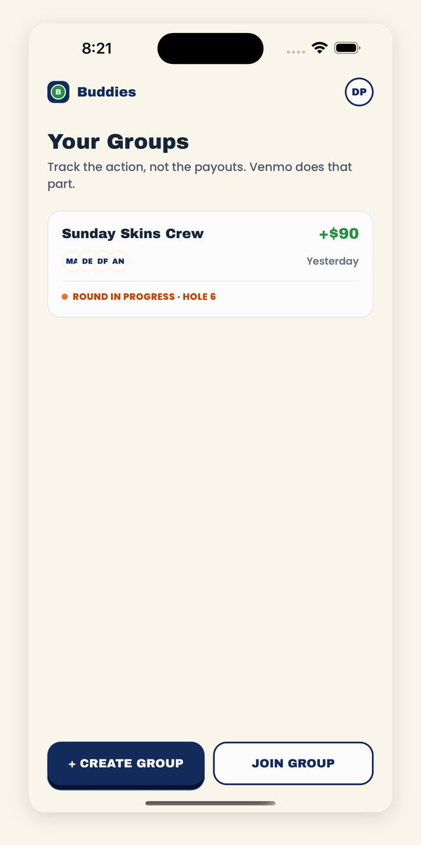 Buddies Bet Tracker home screen showing a group's live round and season total