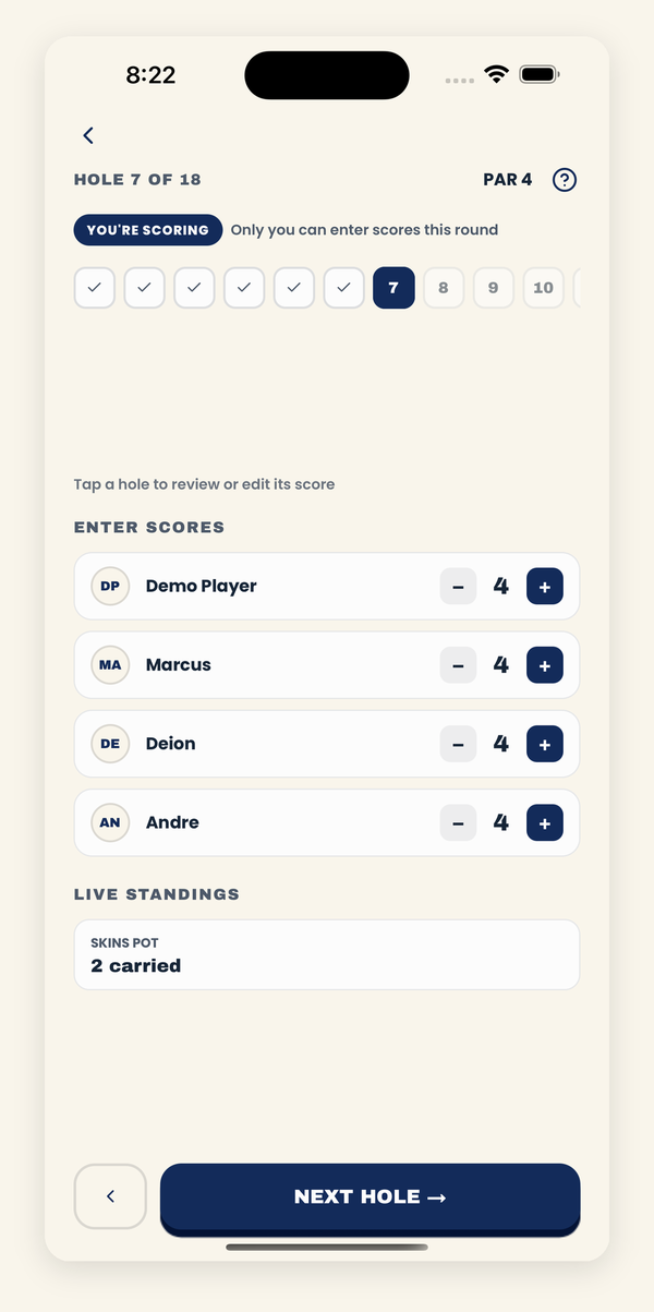 Buddies Bet Tracker live scoring screen with hole navigation and a running skins pot